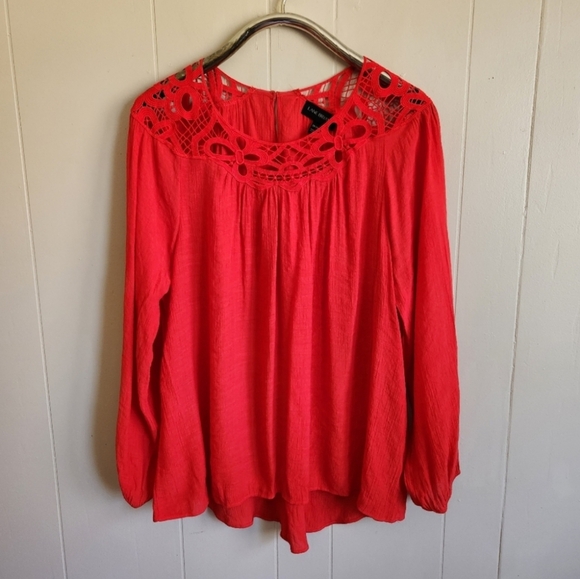 3/$15 Lane Bryant lace insert yoke blouse red lightweight textured fabric 18/20 - Picture 1 of 11